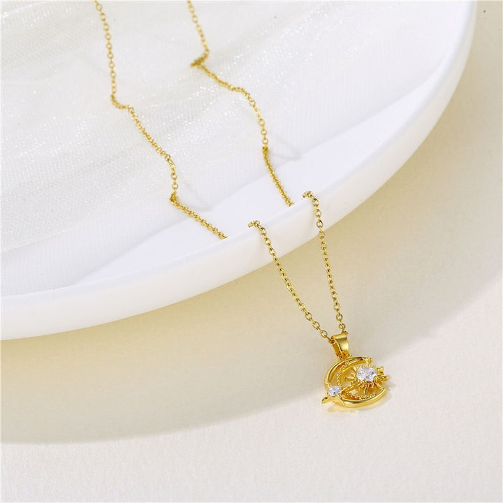18K Gold Plated Sun Moon CZ Collarbone Necklace
