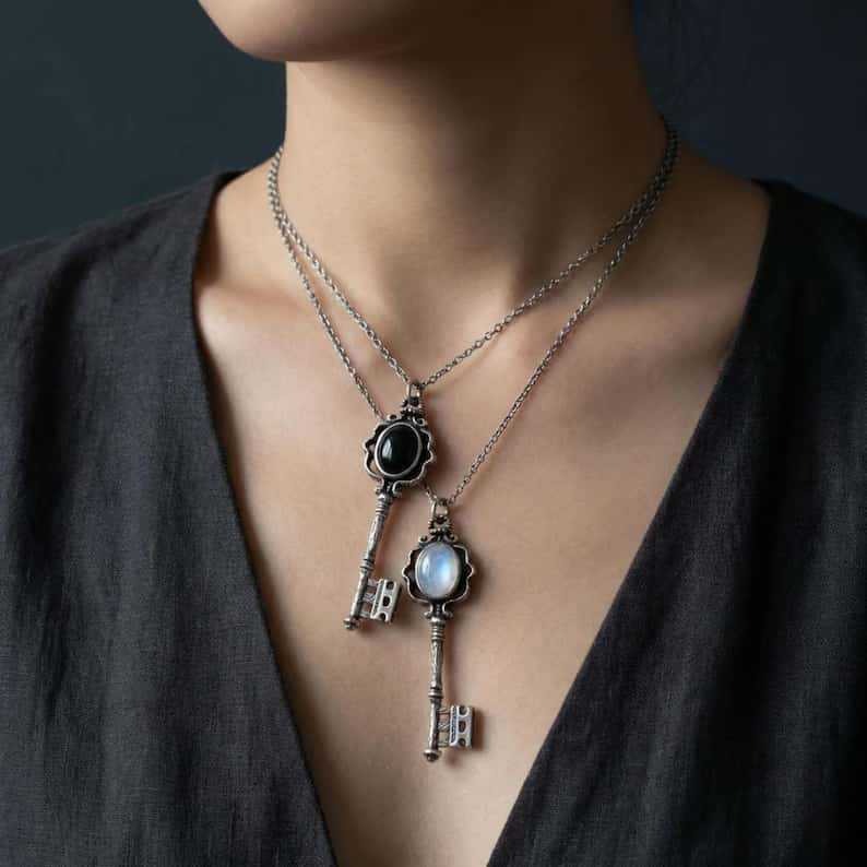 Vintage Hecate Key Natural Gemstone Necklace