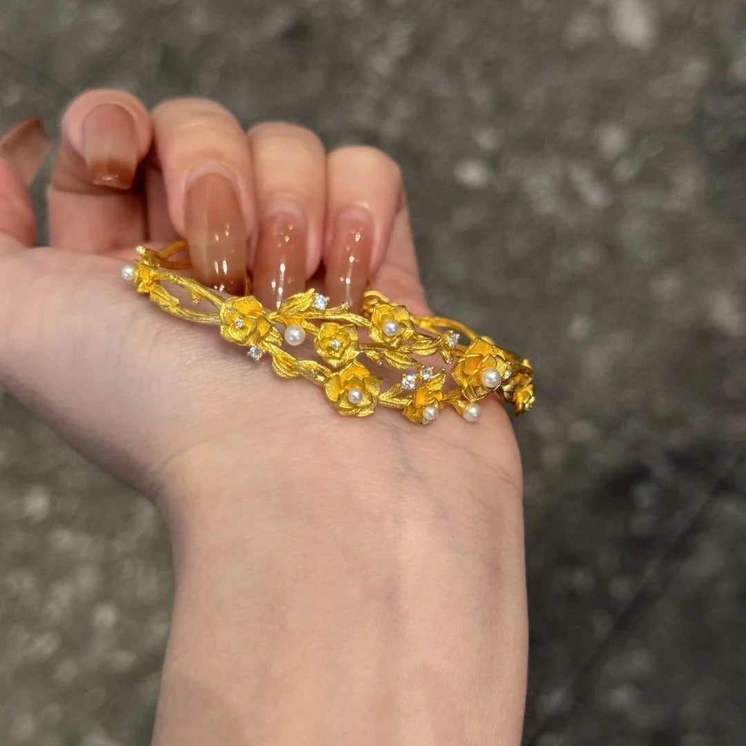 24K Gold Plated Vintage Embossed Rose Bracelet Collection