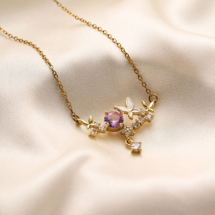 18K Gold / White Gold Pink CZ Butterfly Smile Necklace