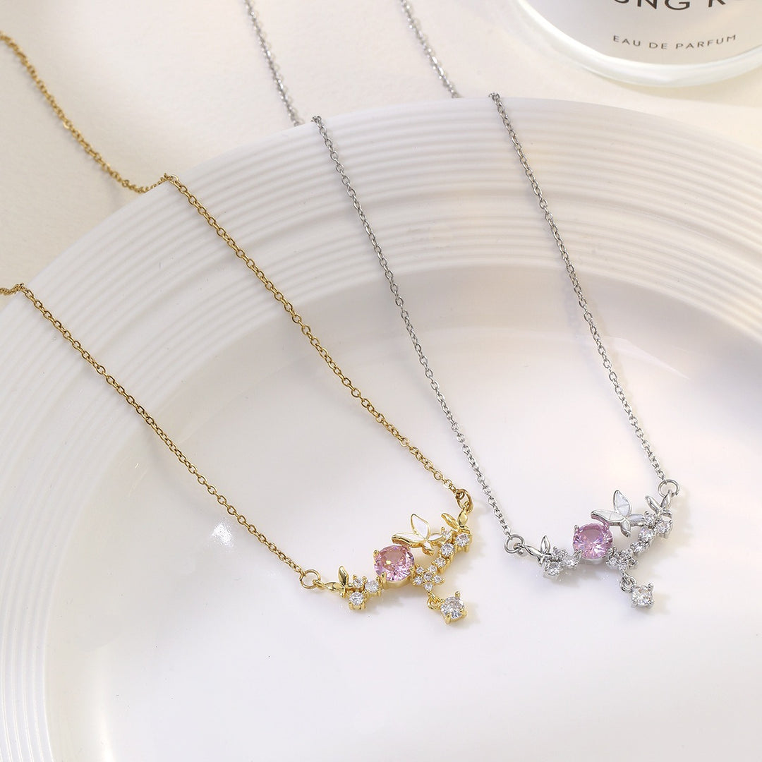 18K Gold / White Gold Pink CZ Butterfly Smile Necklace