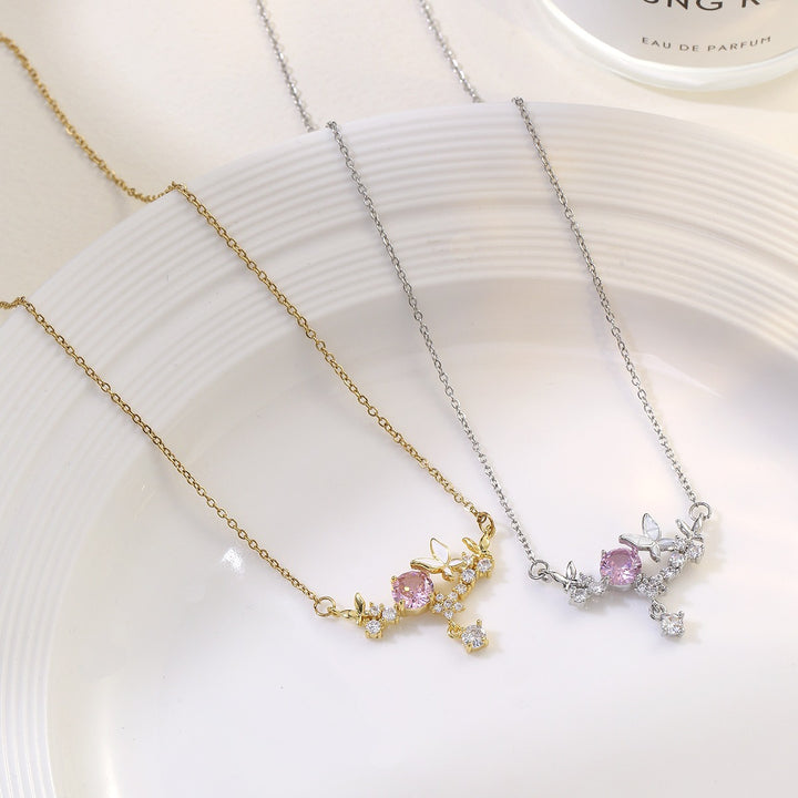 18K Gold / White Gold Pink CZ Butterfly Smile Necklace