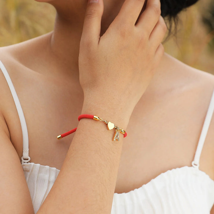 Dainty Crystal Initial Heart Charm Adjustable Cord Bracelet