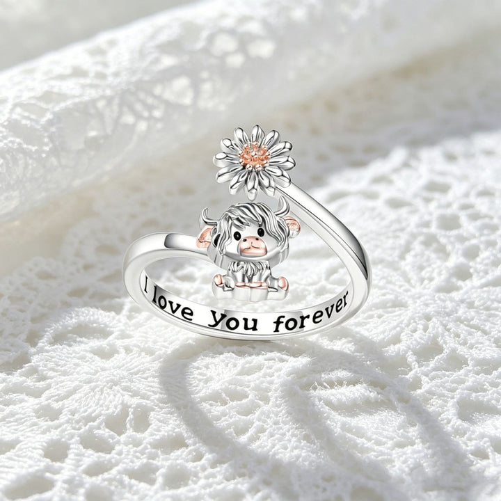 Two-Tone Scottish Highland Cow Daisy Adjustable Open Ring