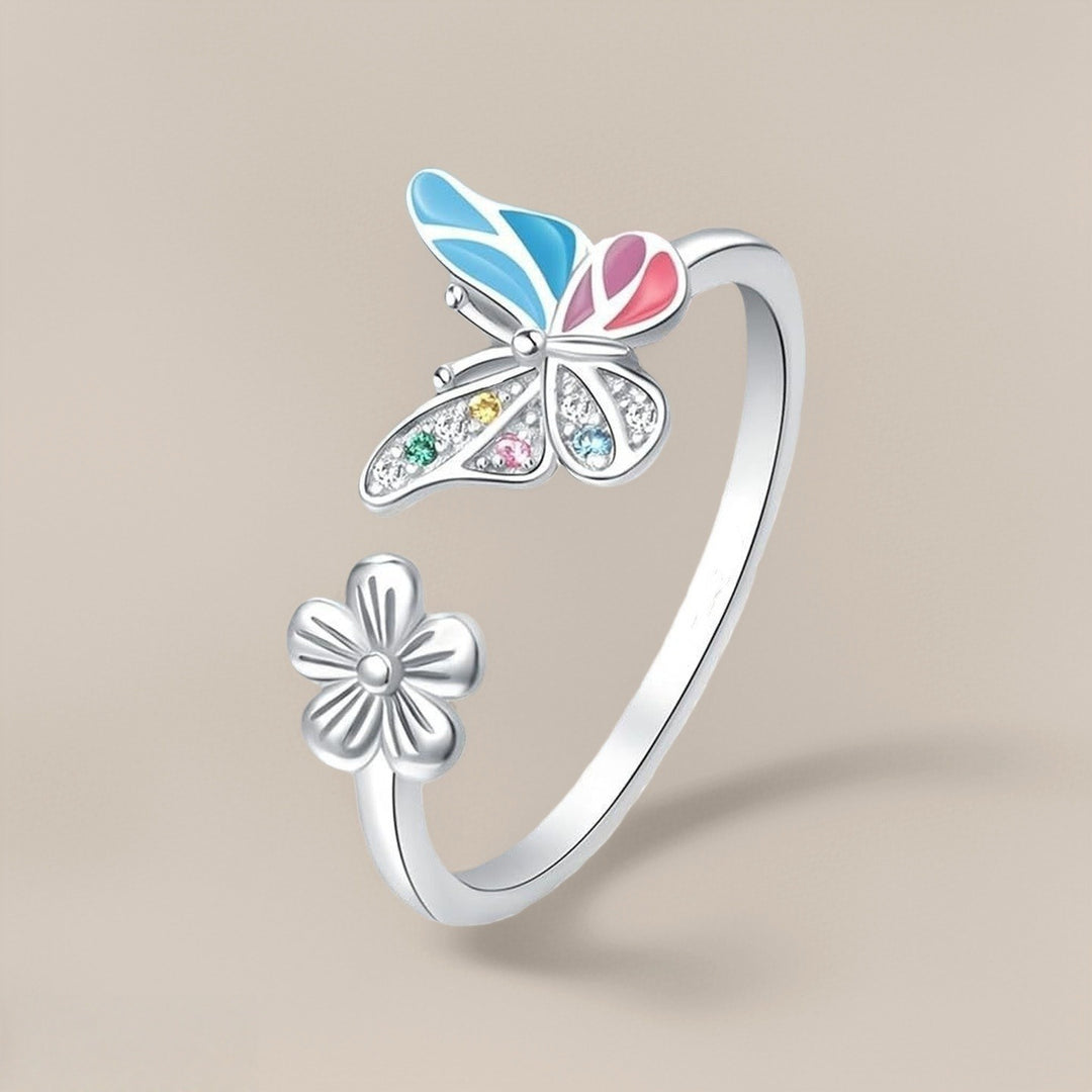 S925 Sterling Silver Enamel Butterfly Flower Open Ring