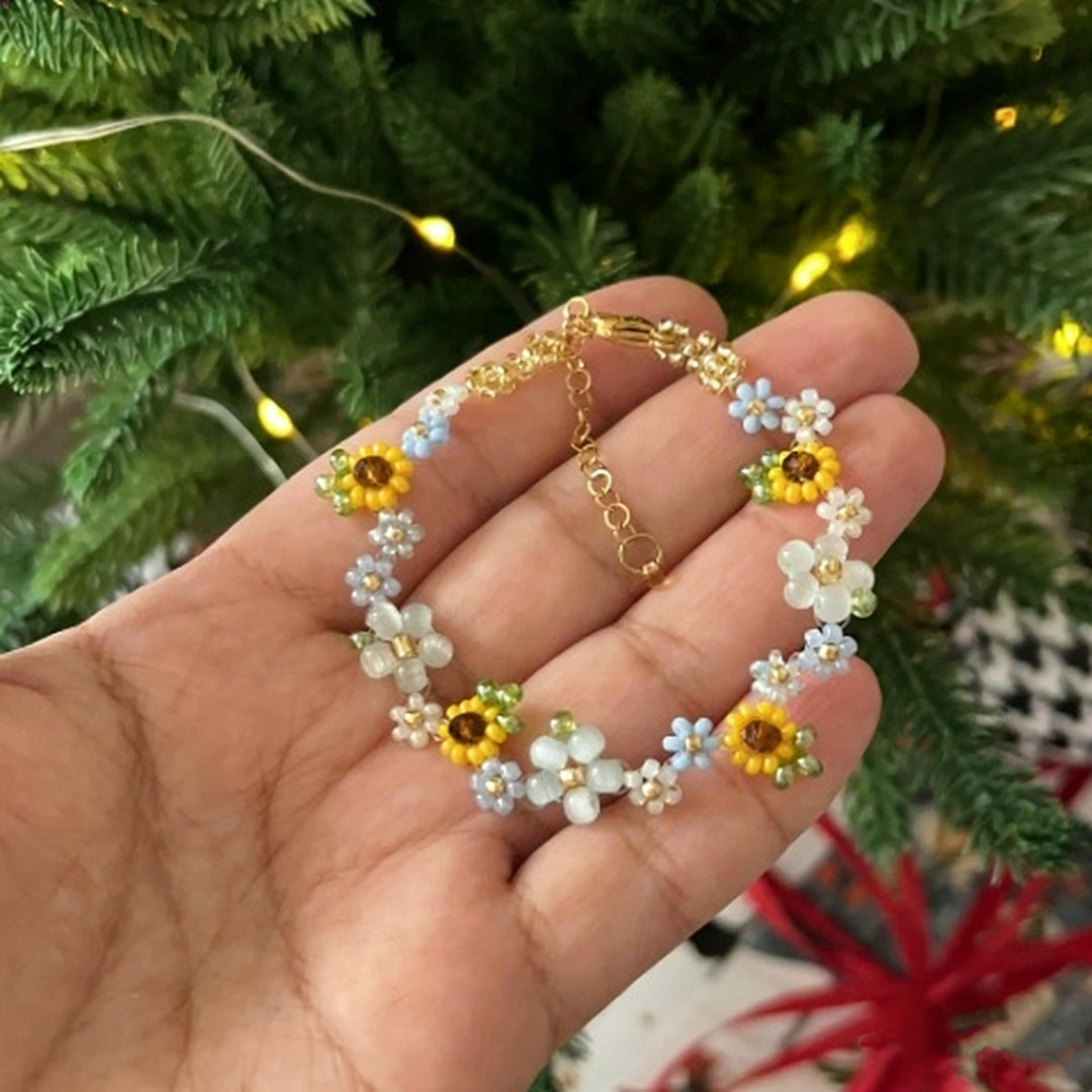Handmade Daisy Bloom Crystal Beaded Flower Bracelet