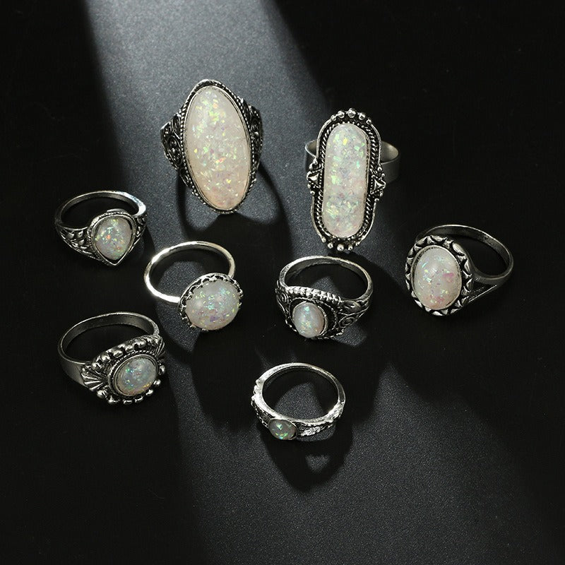 S925 Sterling Silver 7Pcs Vintage Carved Opal Ring Set