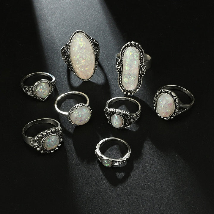 S925 Sterling Silver 7Pcs Vintage Carved Opal Ring Set