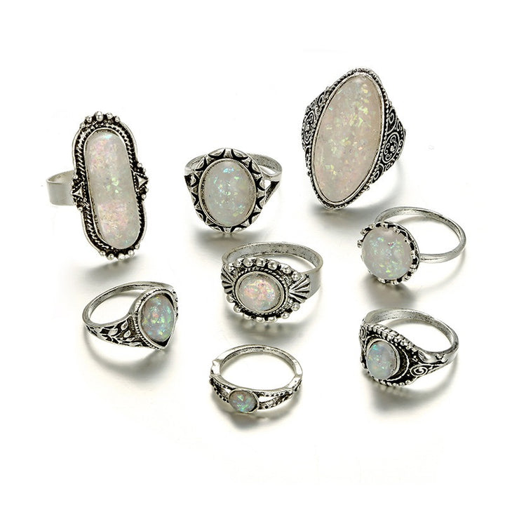 S925 Sterling Silver 7Pcs Vintage Carved Opal Ring Set