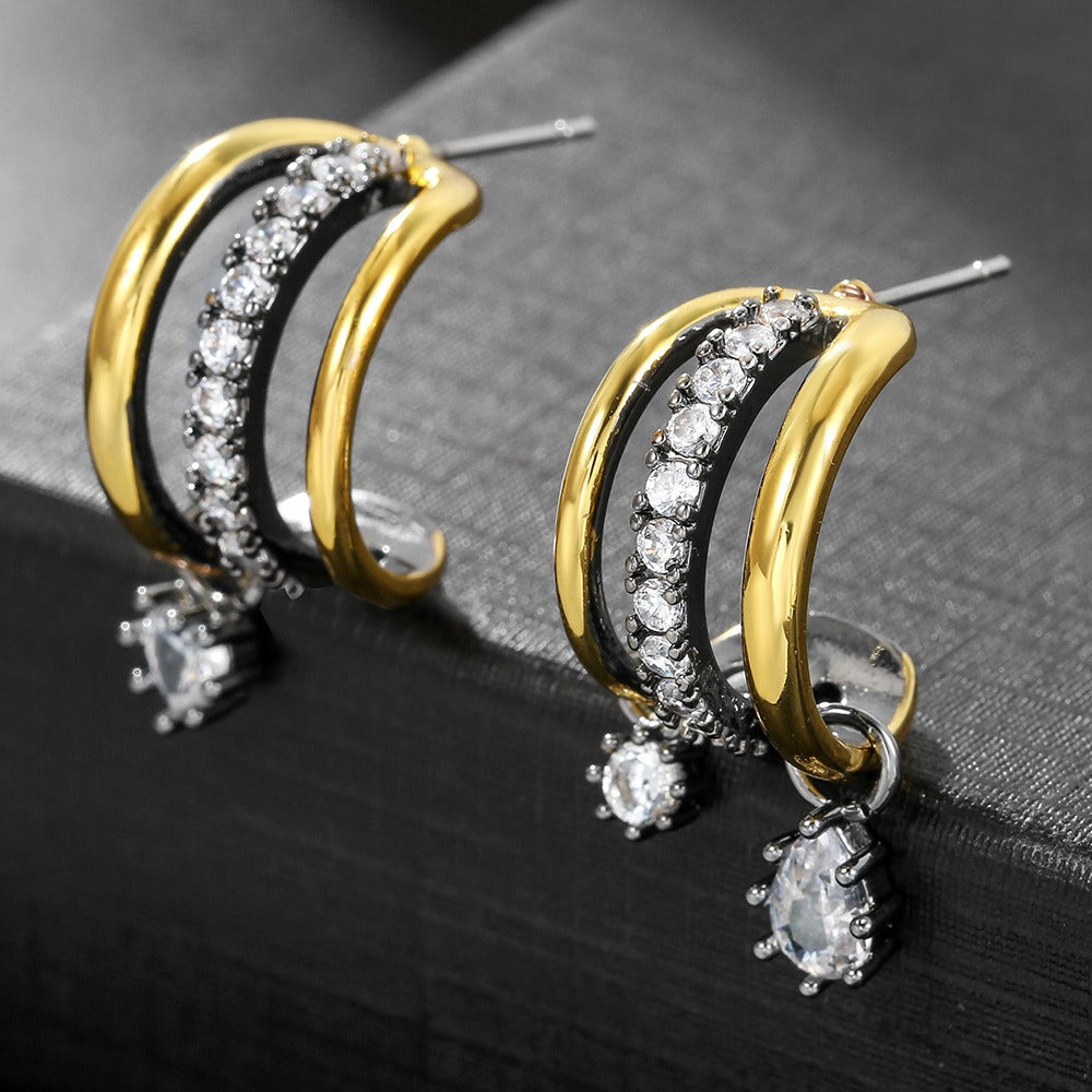 Two-Tone Triple Layer C-Hoop Earrings with Moissanite Drops