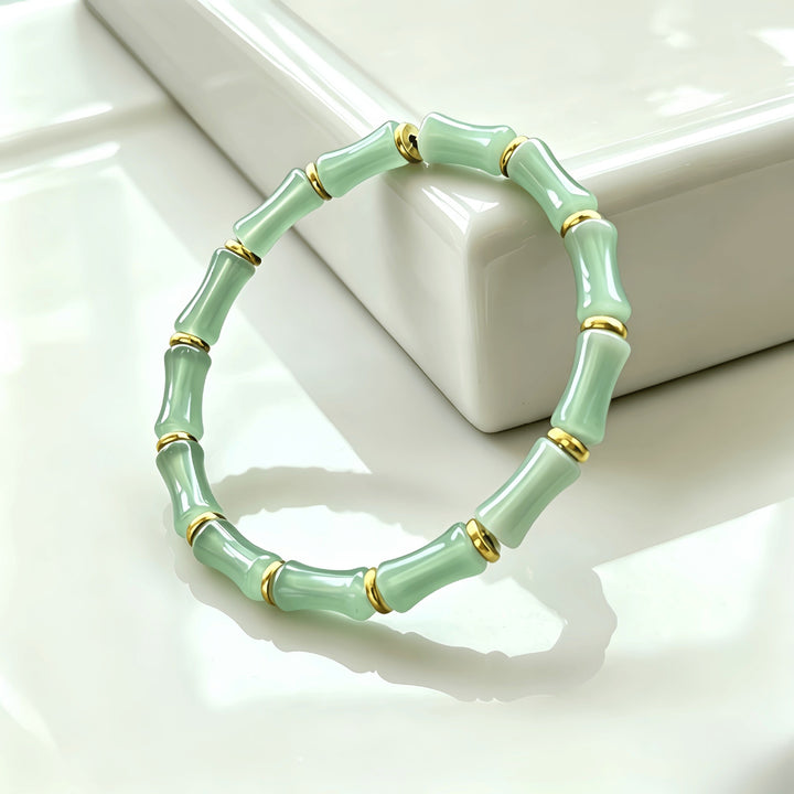 14K Gold Plated Green Aventurine Bamboo Wealth Stretch Bracelet
