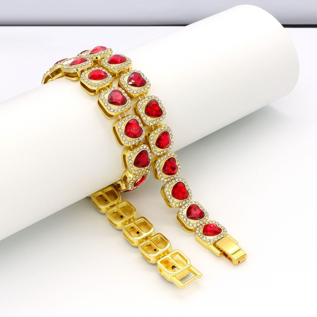 14K Gold / Silver Red Heart Halo Tennis Bracelet