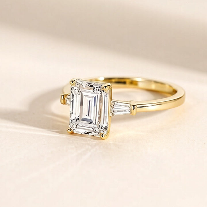 S925 Sterling Silver Emerald Cut Three-Stone Moissanite Ring