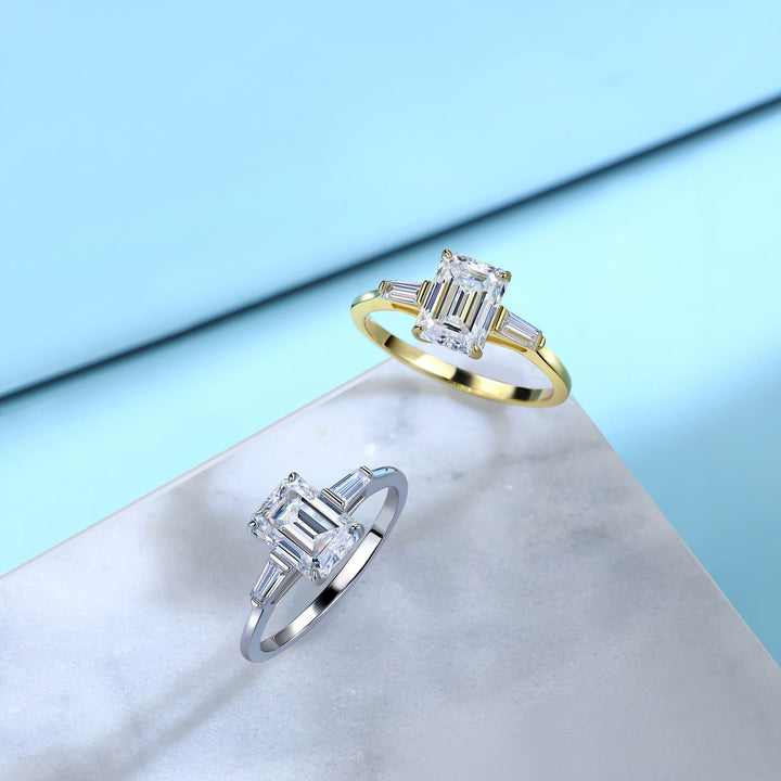 S925 Sterling Silver Emerald Cut Three-Stone Moissanite Ring
