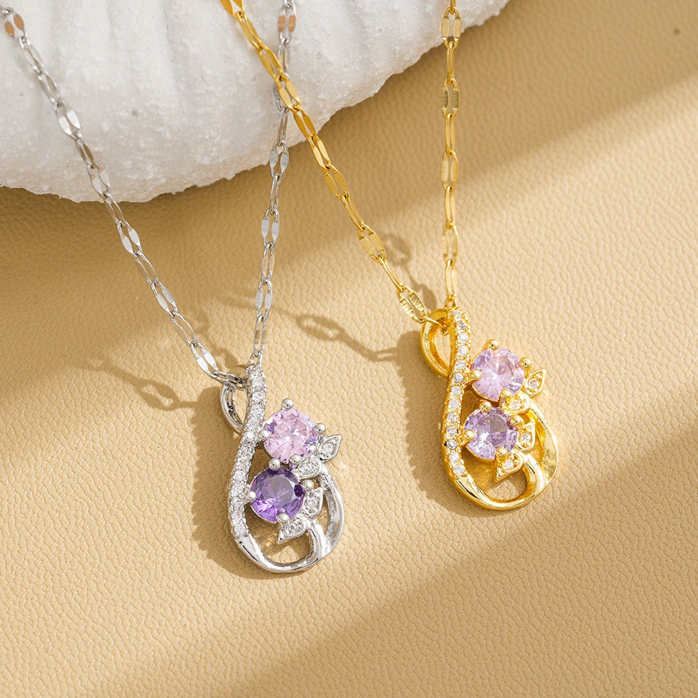 14K Gold Plated / S925 Sterling Silver Gradient Purple-Pink Zircon Flower Leaf Necklace