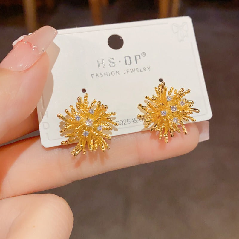 S925 Sterling Silver 14K Gold Plated 3D Firework Coral Stud Earrings