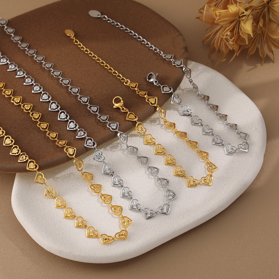 18K Gold Plated Hollow Heart Chain Collection Necklace Bracelet Set