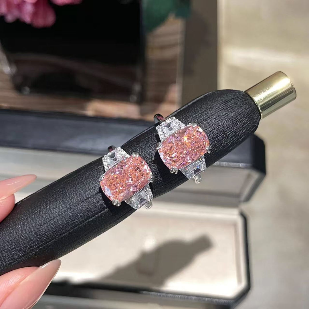 Sterling Silver Radiant Cut Padparadscha Pink Three-Stone Ring