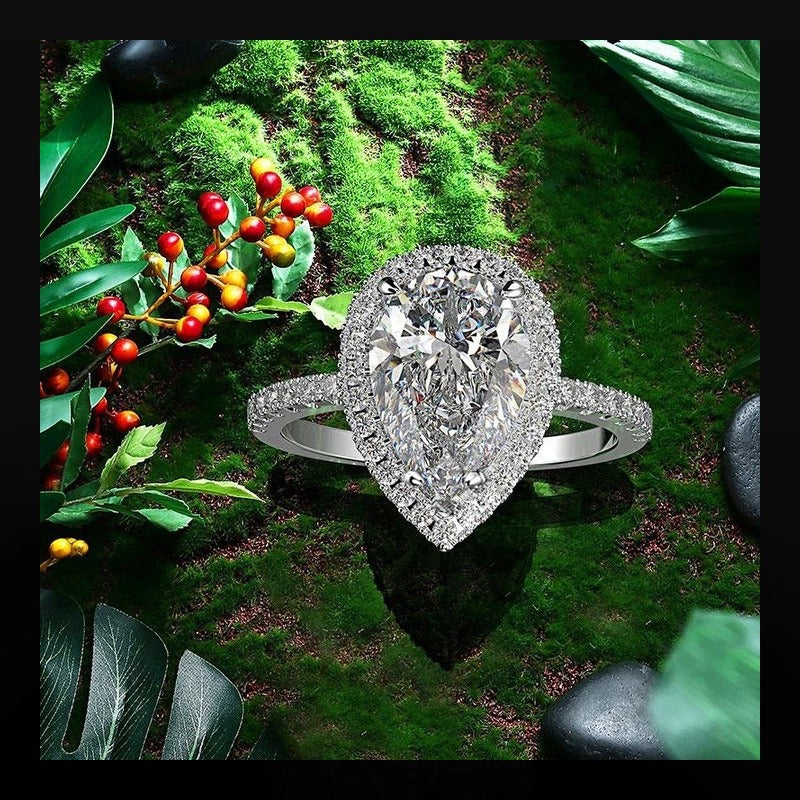 Sterling Silver Pear Cut Halo Engagement Ring