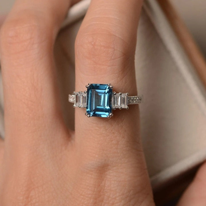 Oceanic Charm S925 Sterling Silver Emerald-Cut Blue Topaz Ring