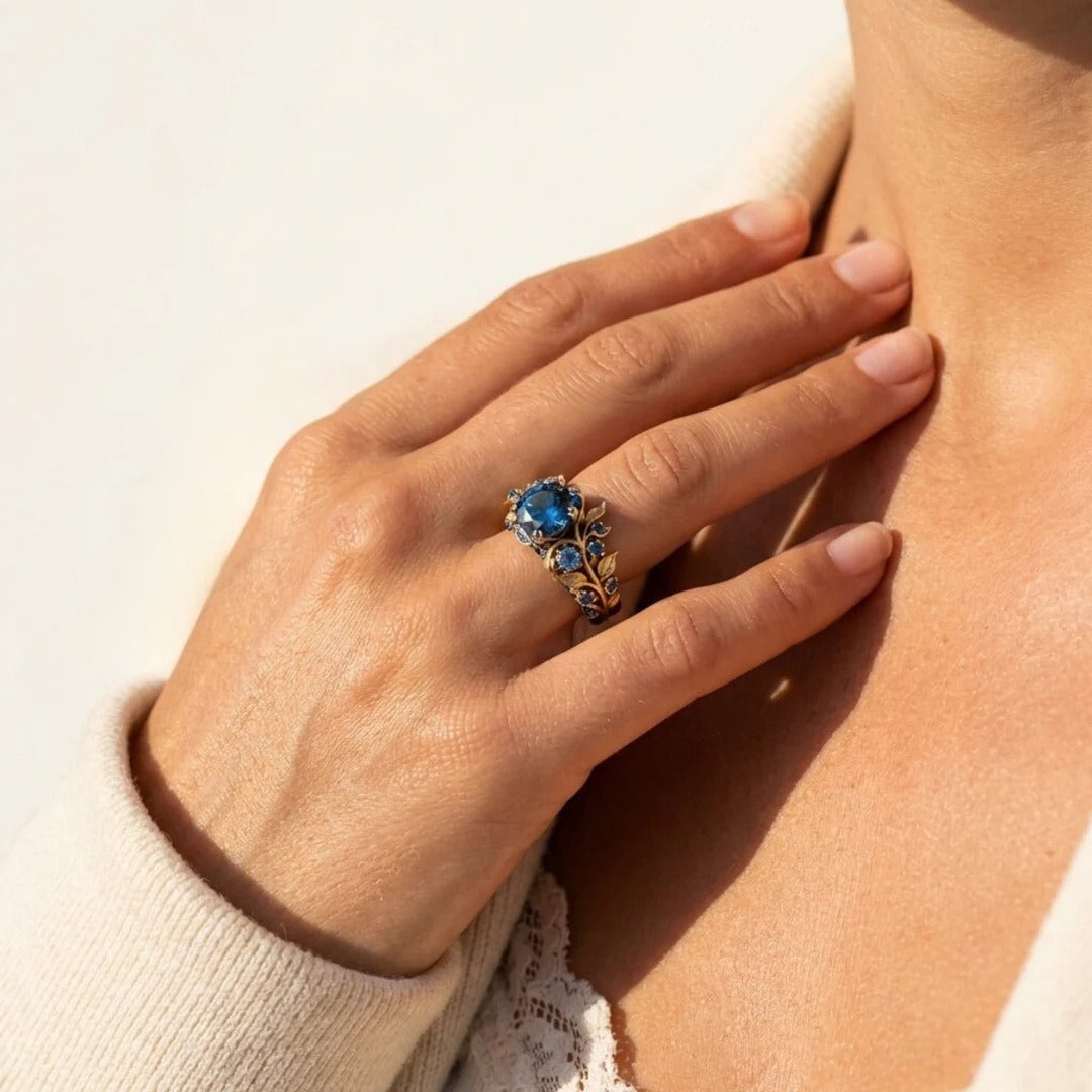 18K Gold  Dual-Tone Botanical Blue Gemstone Ring