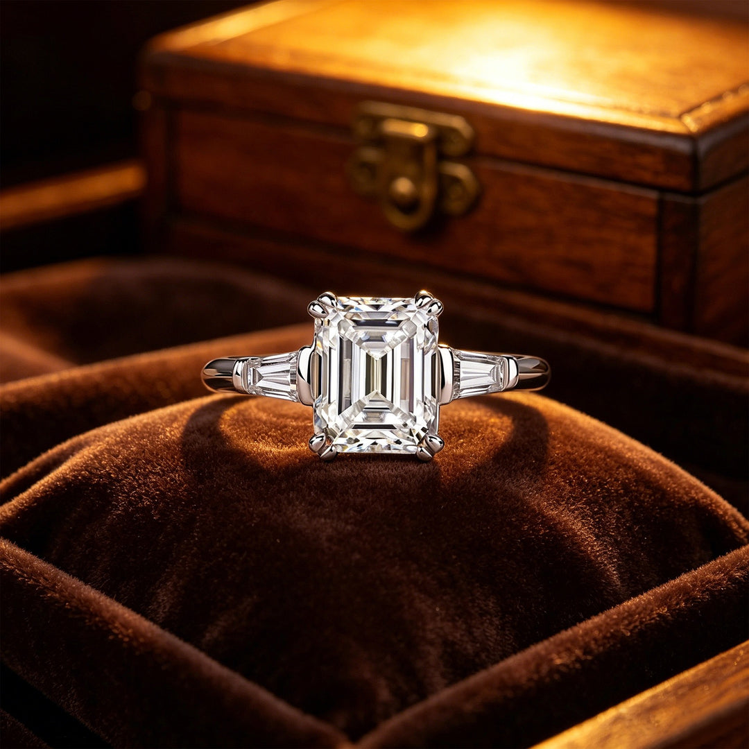 S925 Sterling Silver Emerald-Cut Three-Stone Ring