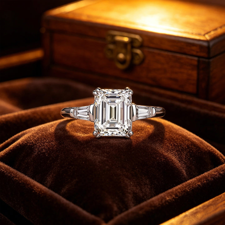 S925 Sterling Silver Emerald-Cut Three-Stone Ring