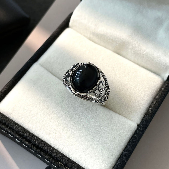 Aegis of Protection S925 Silver Vintage Filigree Obsidian Adjustable Ring