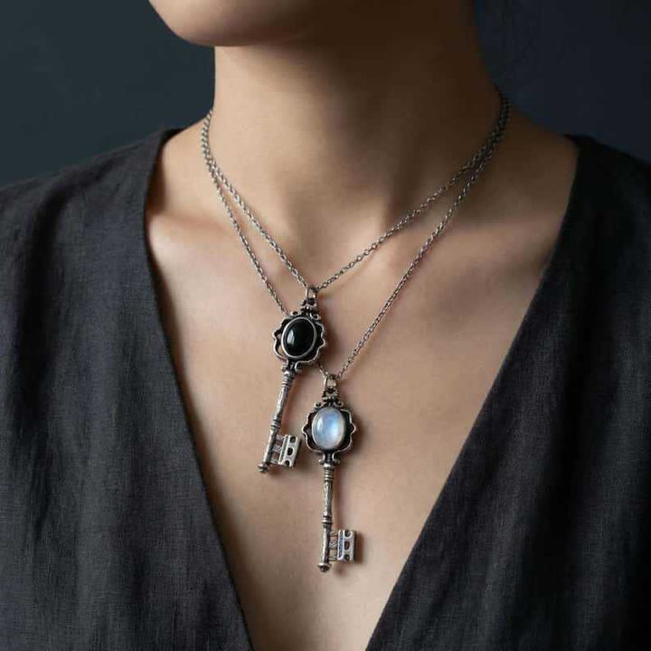 Hecate's Key S925 Silver Vintage Natural Gemstone Key Necklace