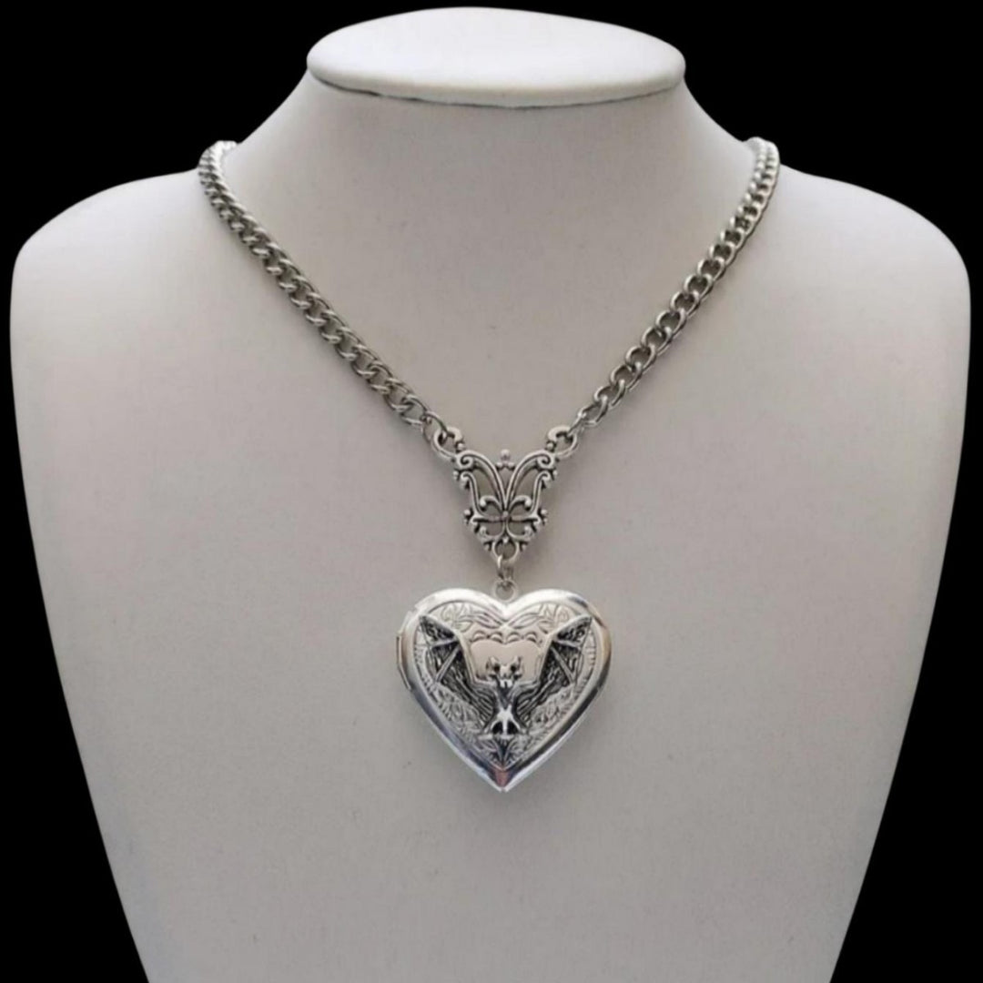 S925 Sterling Silver Gothic Bat Heart Locket Necklace