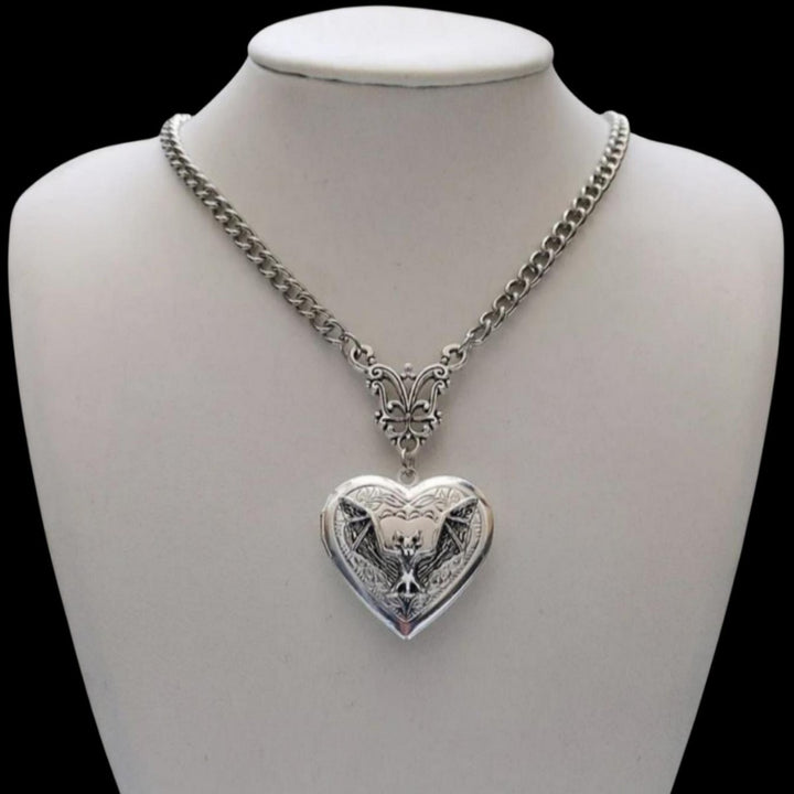 S925 Sterling Silver Gothic Bat Heart Locket Necklace