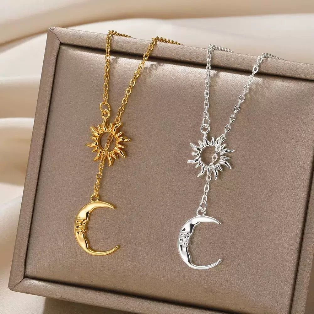 14K Gold Plated Lariat Sun Moon Necklace