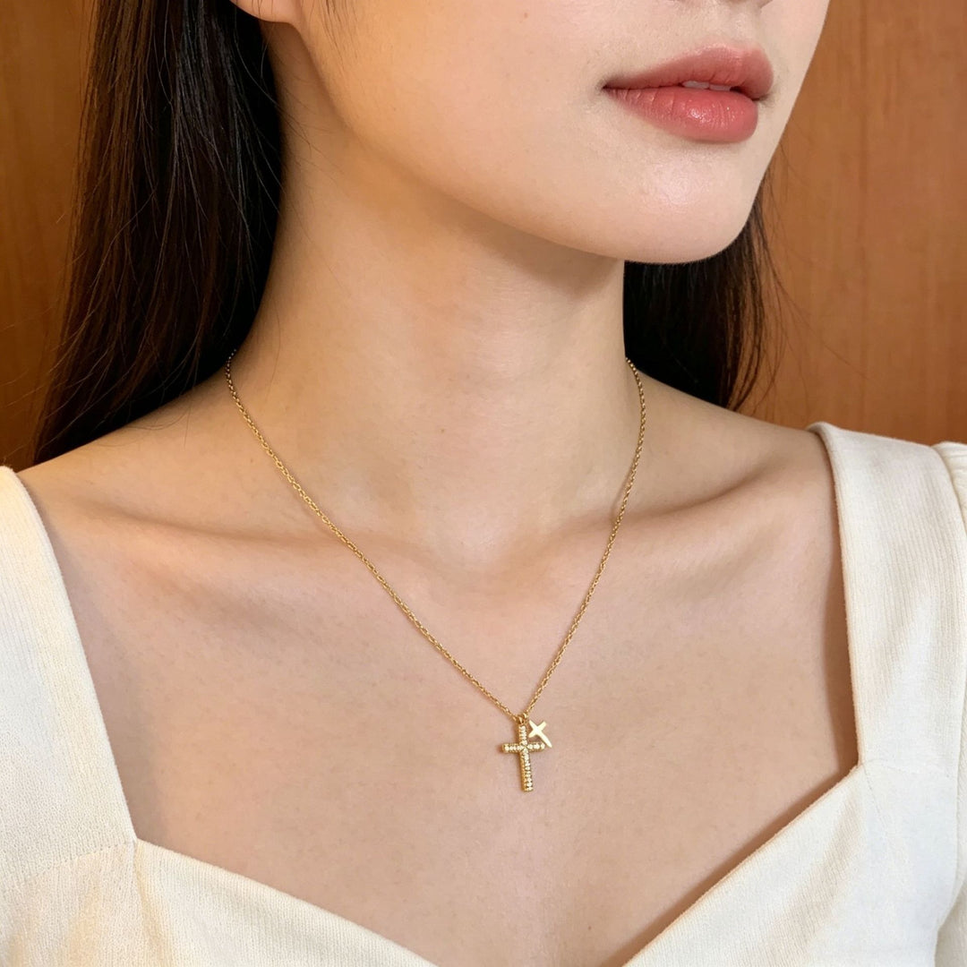 18K Gold Plated Minimalist Double Cross Necklace