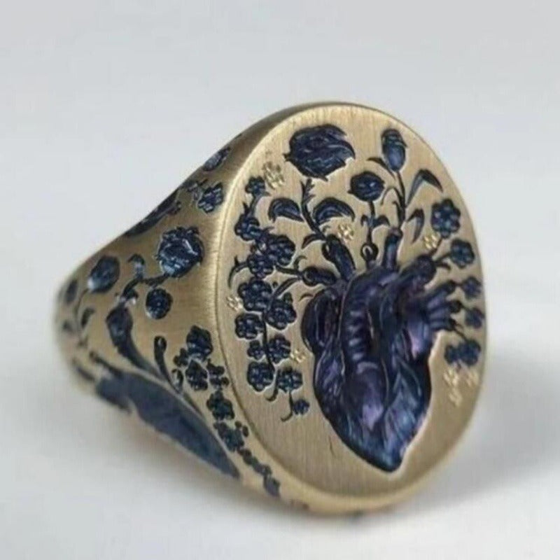 Blue Blood Heart Vintage Brushed Signet Ring
