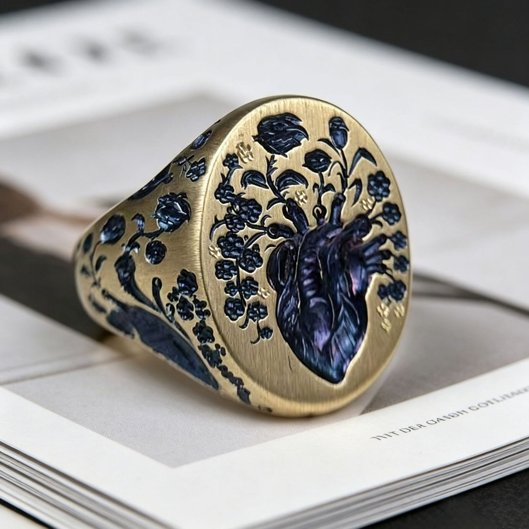 Blue Blood Heart Vintage Brushed Signet Ring