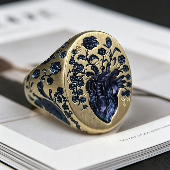 Blue Blood Heart Vintage Brushed Signet Ring