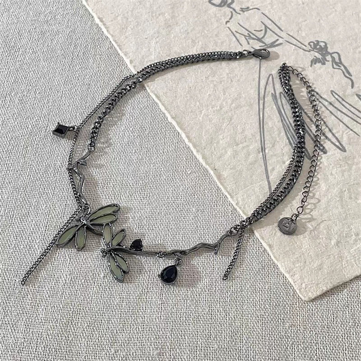 Blackened Silver Double-Chain Dragonfly Iridescent Necklace Earrings Set