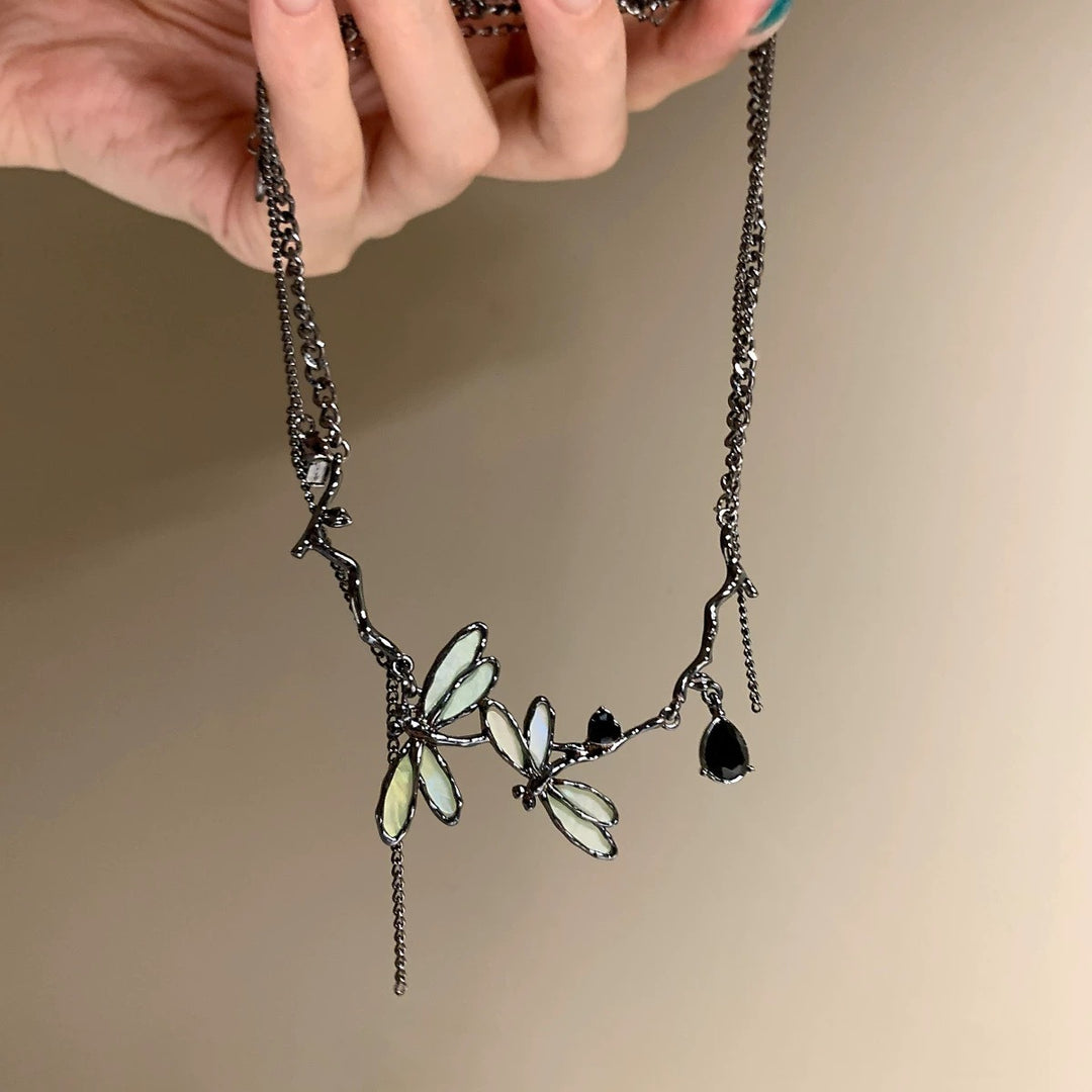 Blackened Silver Double-Chain Dragonfly Iridescent Necklace Earrings Set