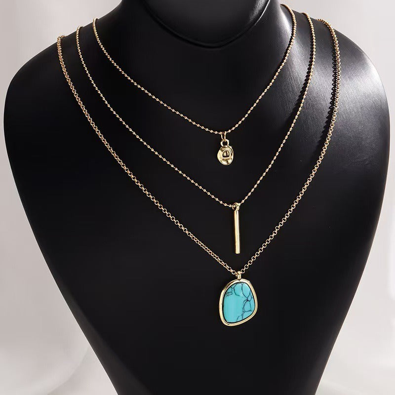 14K Gold Plated Triple-Layer Layered Turquoise Necklace