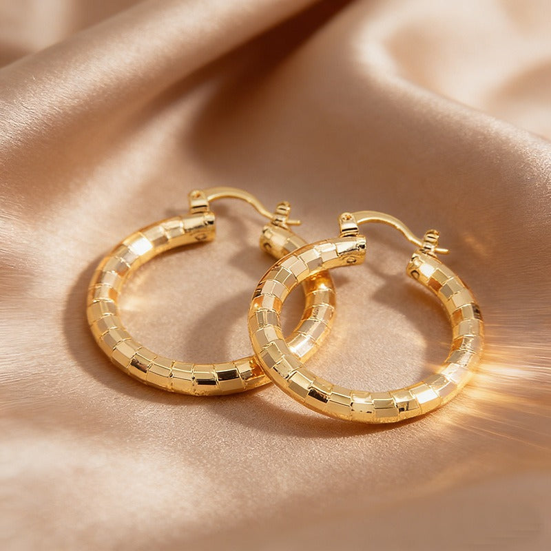 Gold Geometric Brick-Texture Hoop Earrings
