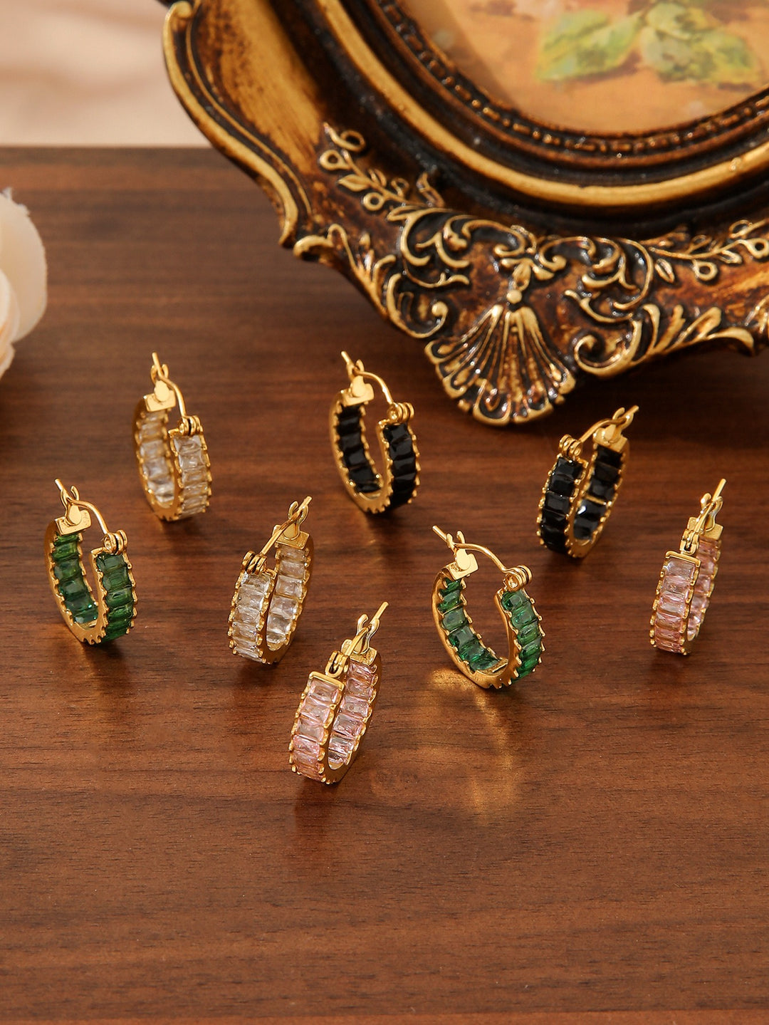 18K Gold Plated Vintage Baguette-Cut Huggie Earrings