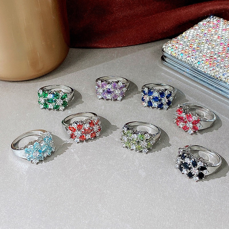 Floral Brilliance S925 Silver Multi-Color Marquise Cluster Ring