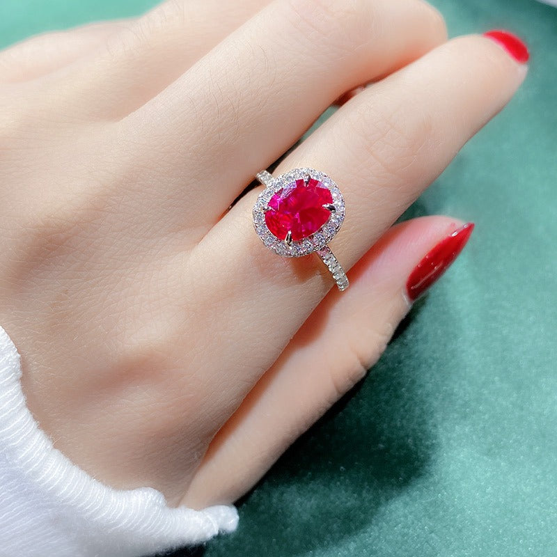 Eternal Halo S925 Sterling Silver Ruby-Red Oval Halo Ring