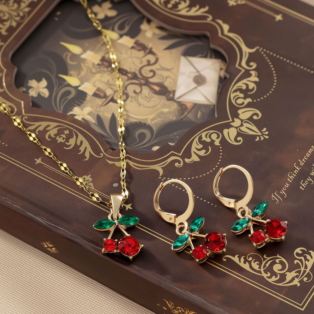 S925 Silver Gold-Plated Cherry Charm Necklace Earrings Set