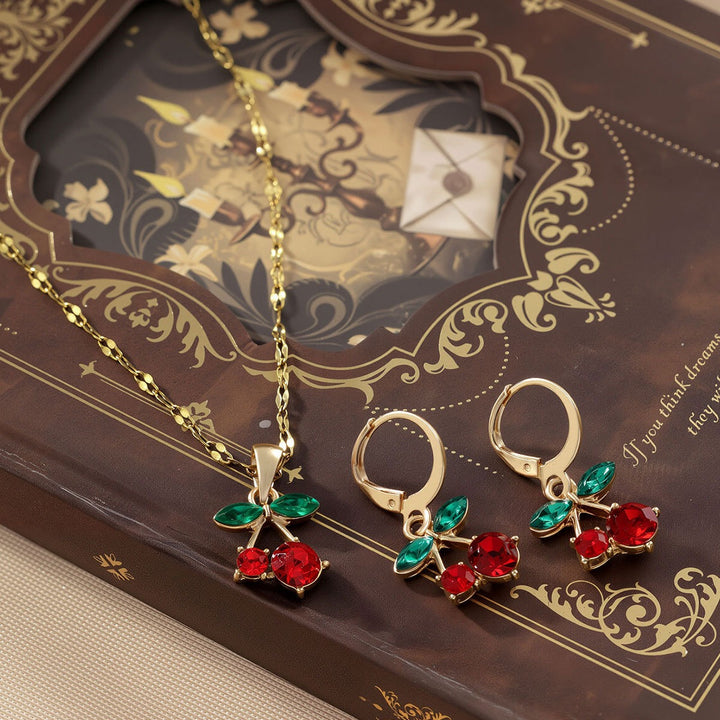 S925 Silver Gold-Plated Cherry Charm Necklace Earrings Set