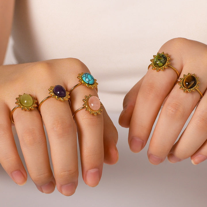 Whisper of the Sun Natural Stone Cabochon Sunburst Adjustable Ring
