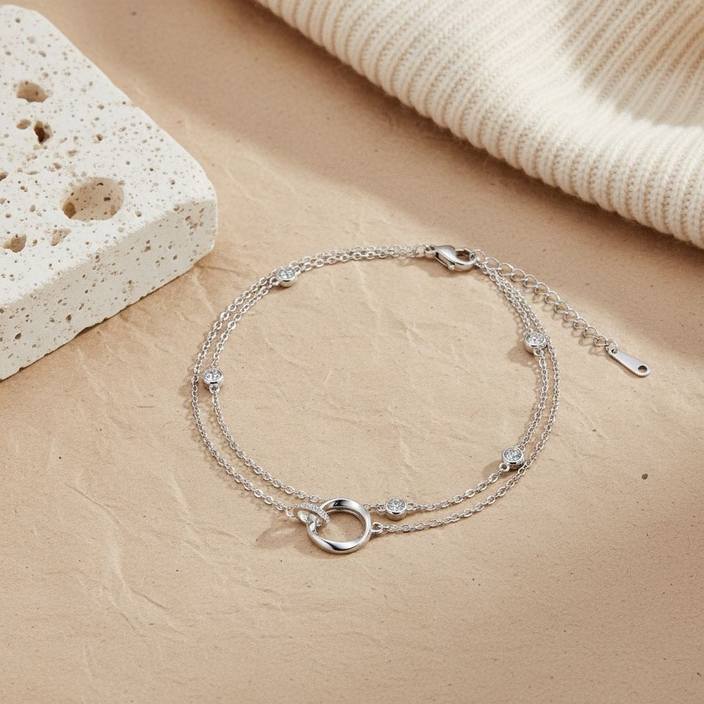 Starlight Embrace S925 Sterling Silver Double-Layer Interlocking Ring Dazzling Anklet