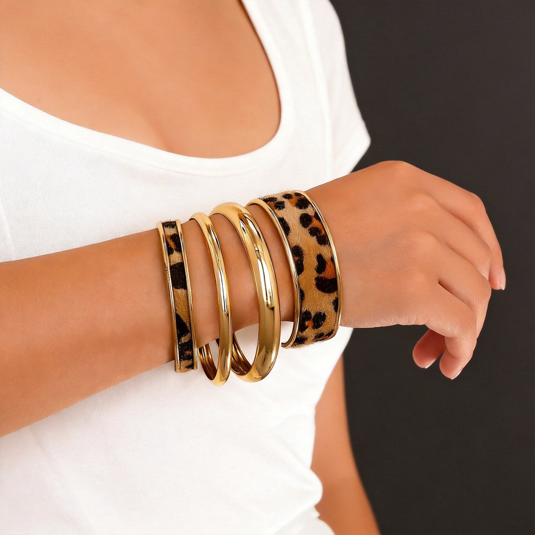 Leopard Print Gold/Silver Metal Bangle Set