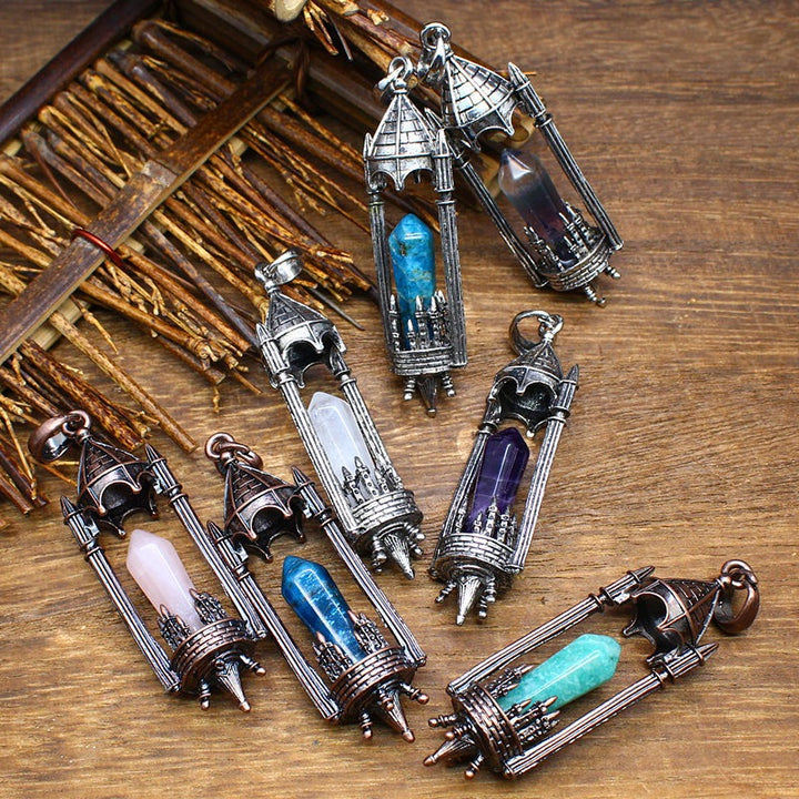 Gothic Boundary Guardian Natural Crystal Point Castle Pendant Necklace
