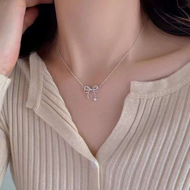 S925 Sterling Silver Pavé Bow Necklace with Dangling Charm